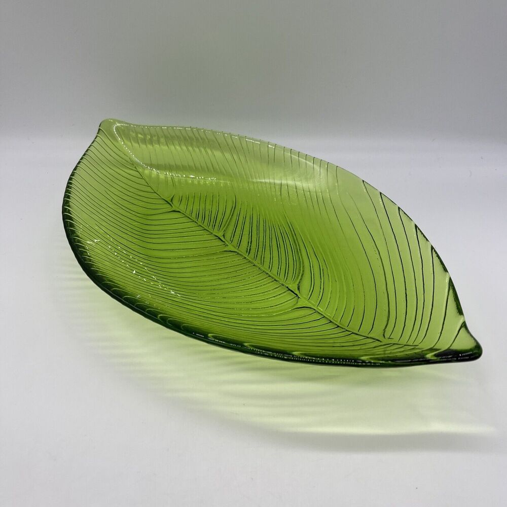 Large Green Leaf Glass Serving Dish Palm Leaf